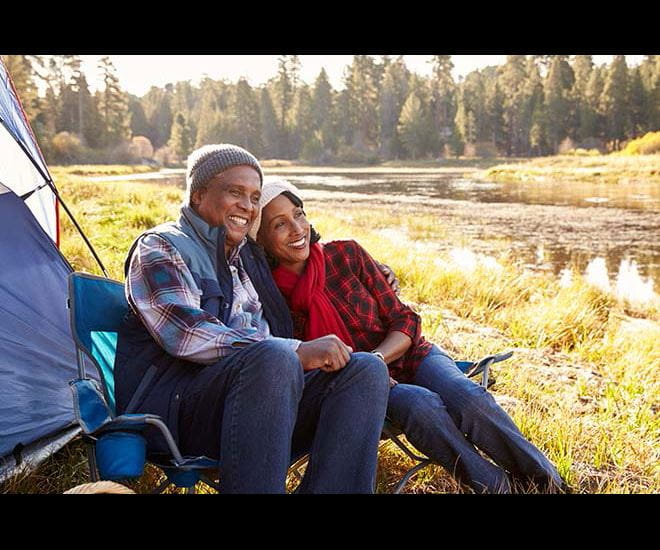 couple sitting outside their tent happy and smiling