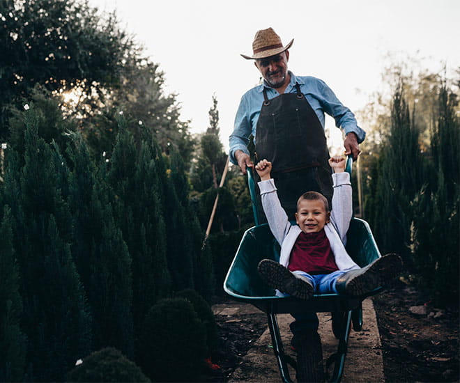 father pushing son in a wheel barrow