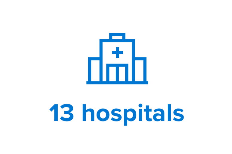 Image with text "hospitals" and a drawn hospital building