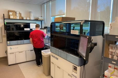 COVID-19 testing machines in Geisinger's laboratory. 