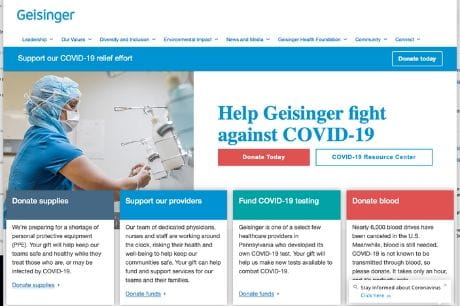 Image of Geisinger's COVID-19 donation website.
