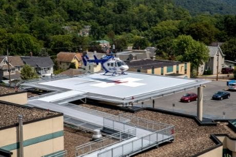 A Geisinger Life Flight helicopter landing on the new helipad at Geisinger Jersey Shore Hospital.
