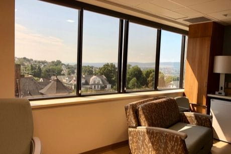 A room at the newly opened Childbirth Center at Geisinger Community Medical Center looking out over Scranton.