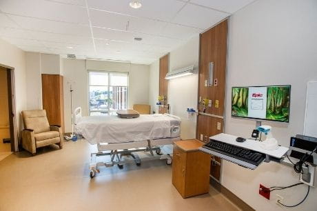 Progressive care unit patient room.