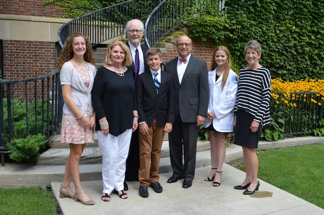Seen from left are members of the Poorman family — Kathleen Simander, Pamela Fisher-Poorman, Stephen Poorman and Colin Simander – meeting with Steven J. Scheinman, M.D., president and dean of Geisinger Commonwealth School of Medicine; Poorman scholarship recipient, Alexa Mills of Renovo; and Susan Mathias, senior regional director of advancement, central-west, Geisinger Health Foundation.