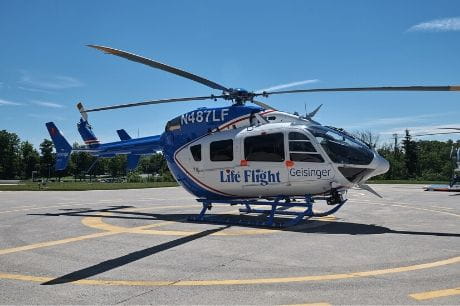 A Geisinger Life Flight helicopter on the helipad.