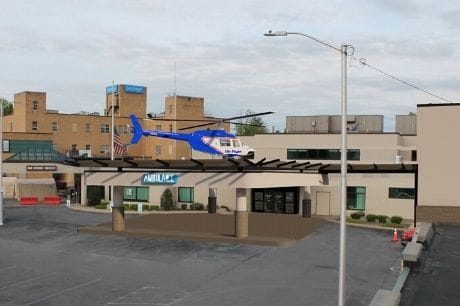 Artist rendering of a Geisinger Life Flight helicopter on the Geisinger Jersey Shore Hospital heliport.