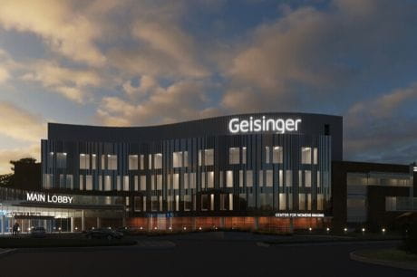 Rendering of the Geisinger Wyoming Valley Medical Center at dawn.