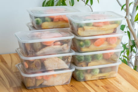 Food in containers for meal prepping.