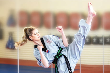 Laurel Stiekes doing karate after major spine surgery