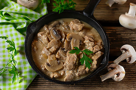 Tender venison smothered in mushroom sauce.