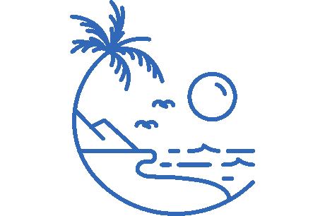Line-art illustration of a beach scene featuring a palm tree.