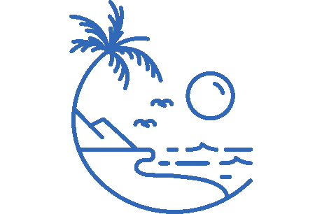 Line-art illustration of a beach scene featuring a palm tree.