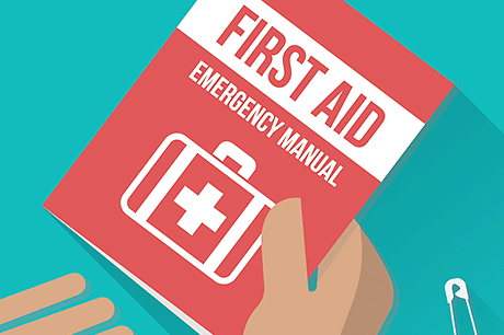 A colorful illustration of a well-stocked first aid kit.