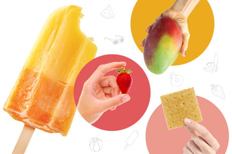 A photo collage of tropical popsicles, frozen chocolate and peanut butter bars, and chilled berries with banana cream.