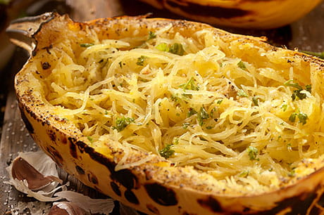 A prepared serving of spaghetti squash boat.