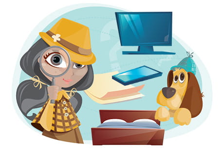 A colorful illustration featuring a young female detective and her canine sidekick.