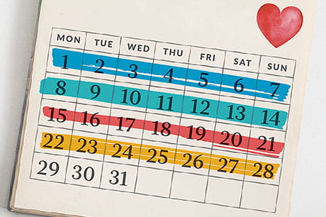 A monthly calendar graphic highlights weeks for heart health activities.