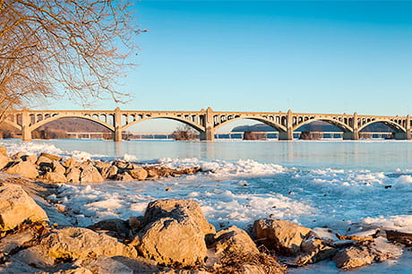A wintry view of Veterans Memorial Bridge over the icy Susquehanna River.