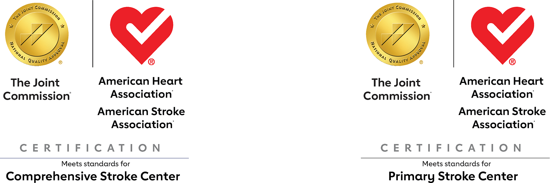 Geisinger certification seals for Comprehensive Stroke Center and Primary Stroke Center from The Joint Commission, the American Heart Association and the American Stroke Association