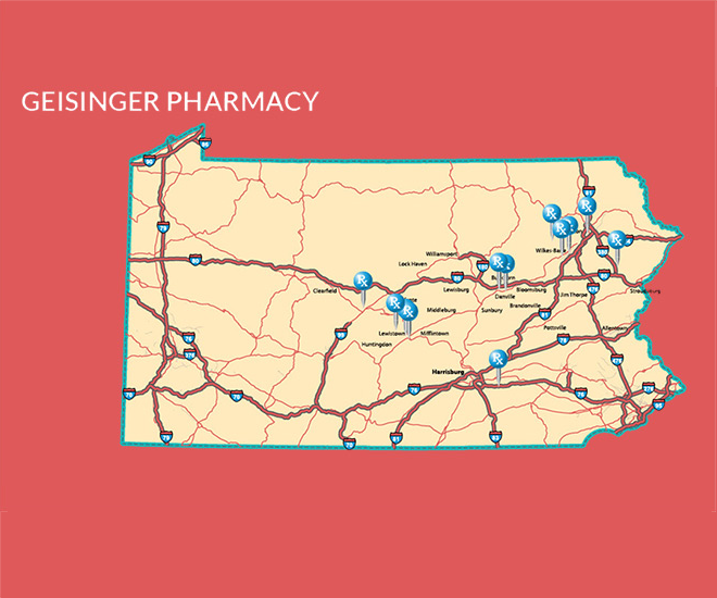 Pharmacy locations shown on a map of Pennsylvainia