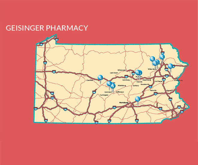 Pharmacy locations shown on a map of Pennsylvainia 