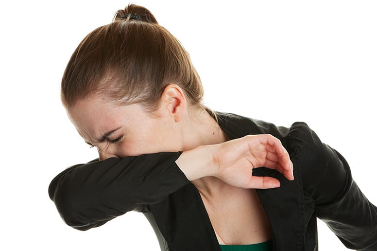 Cover your cough or sneeze by burying your nose and mouth in your crooked elbow