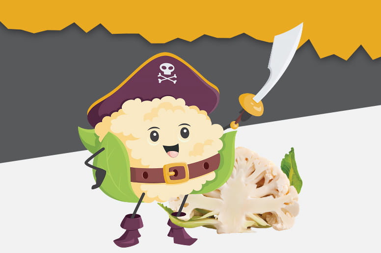 Illustration of a cute cauliflower character dressed as a pirate with a sword, standing next to cauliflower.
