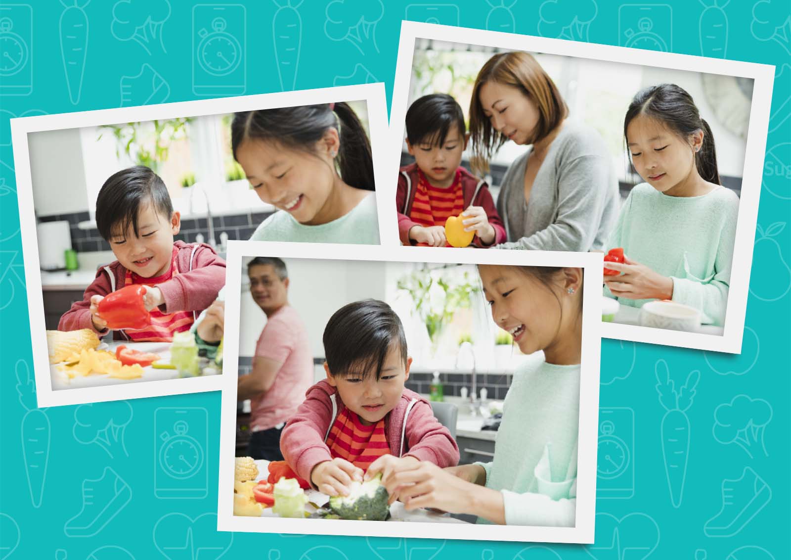 A photo collage of a young family preparing a healthy meal.