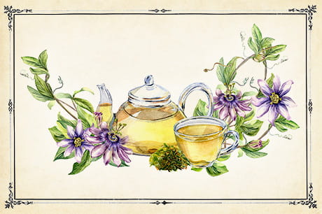 A vintage illustration featuring flowers and a teapot.