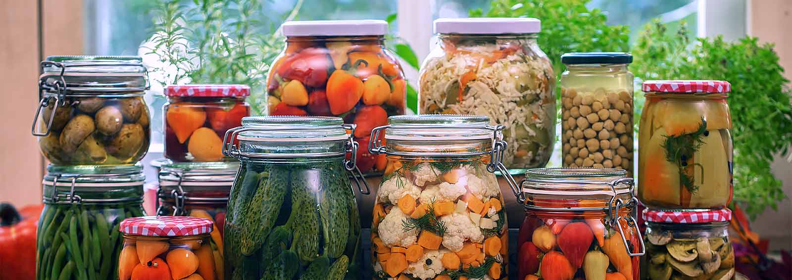 A variety of canned fruits and vegetables 