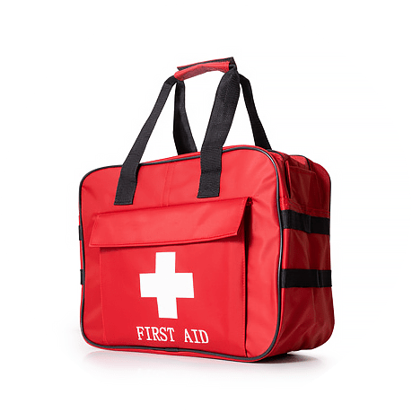 A colorful soft-sided first aid kit.