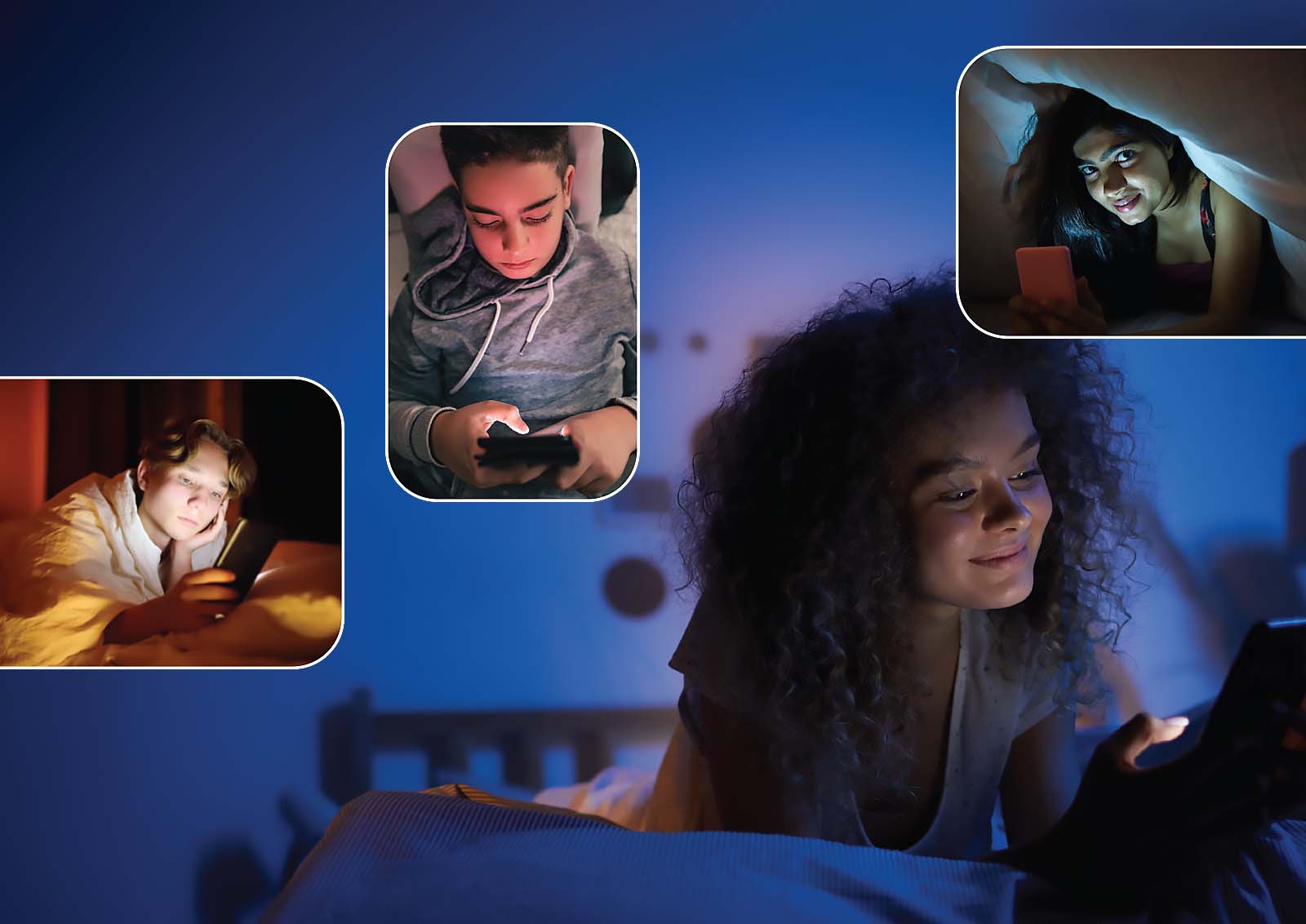 A collage of several teenagers on electronic devices before bedtime.