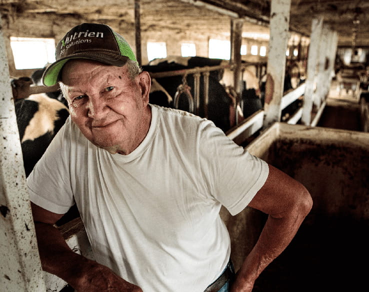 A senior poses in front of a stable of cows at a dairy farm