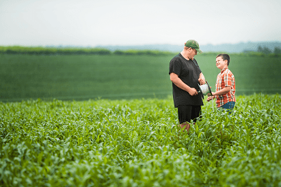 A family in a crop field