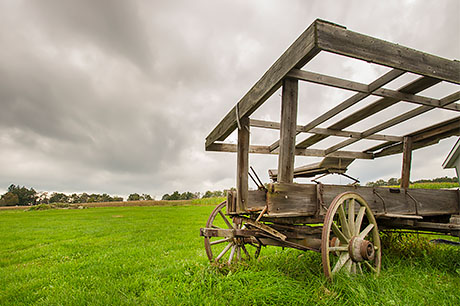 A piece of old farm equipment sits in an empty field.