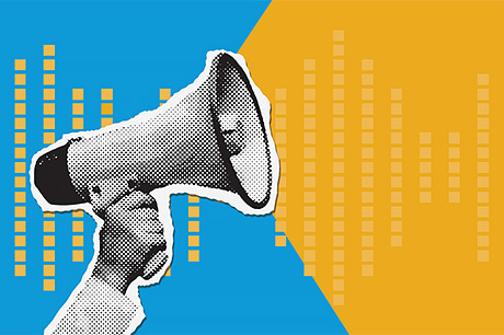 A stylized graphic with a bullhorn held in the air.