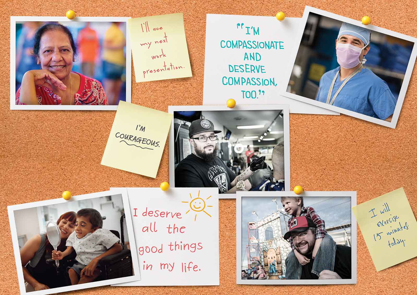 A colorful collection of affirmations from a diverse group of people hangs on a corkboard.