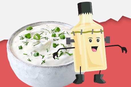 Bowl of yogurt with herbs and a cheerful cartoon condiment bottle.