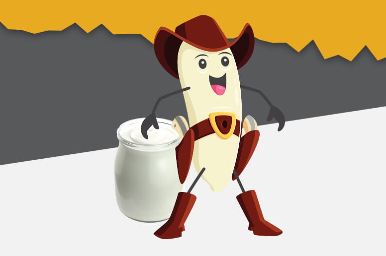 An animated cowboy-boots-wearing milk carton character with a jar or yogurt.