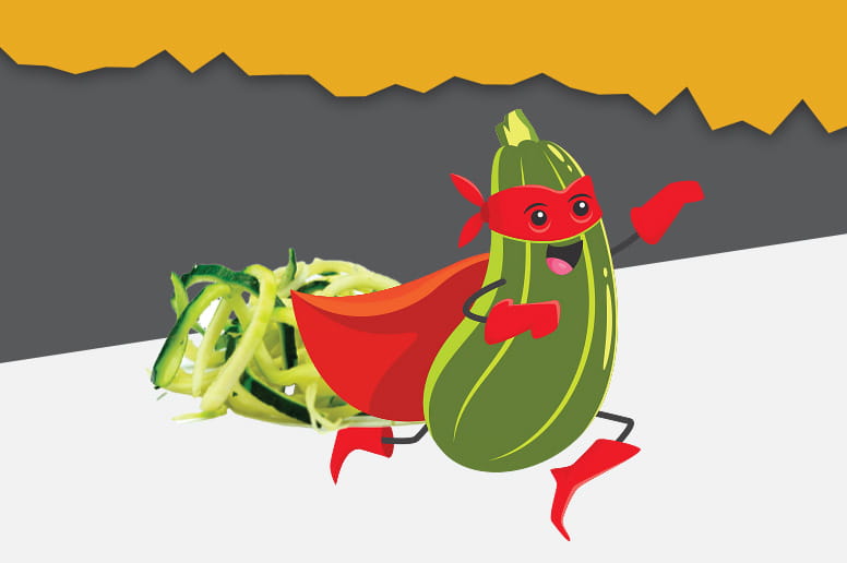 A cartoon superhero zucchini with a red cape and mask, striking a pose next to zucchini peels.