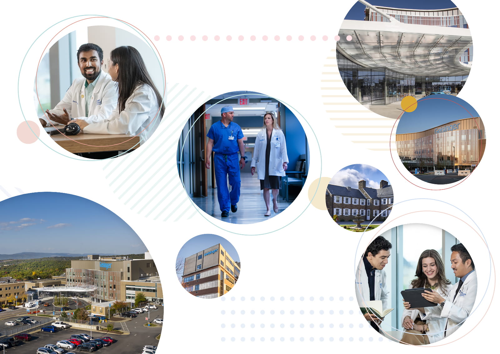 Collage featuring Geisinger healthcare facilities, medical professionals, and patient care environments across the Northeast region.