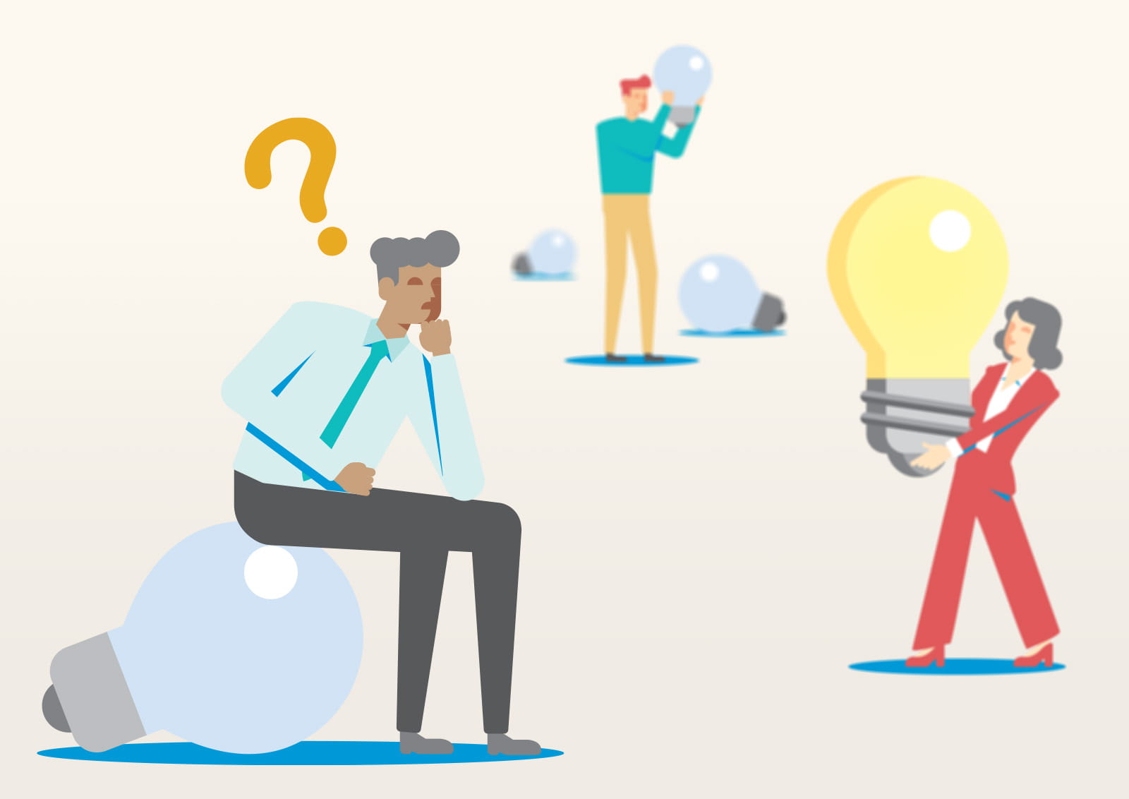 Illustration of people evaluating ideas and options using light bulb symbols, representing decision-making about Medicare Advantage plan choices.