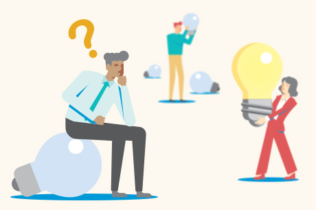 Illustration of people evaluating ideas and options using light bulb symbols, representing decision-making about Medicare Advantage plan choices.