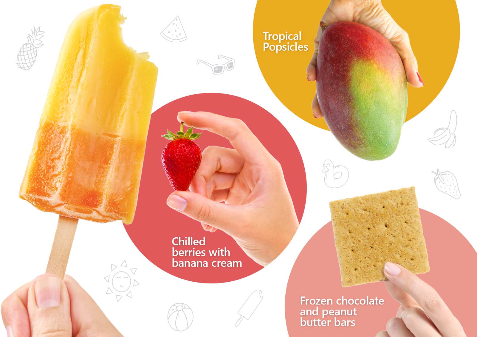 A photo collage of tropical popsicles, frozen chocolate and peanut butter bars, and chilled berries with banana cream.