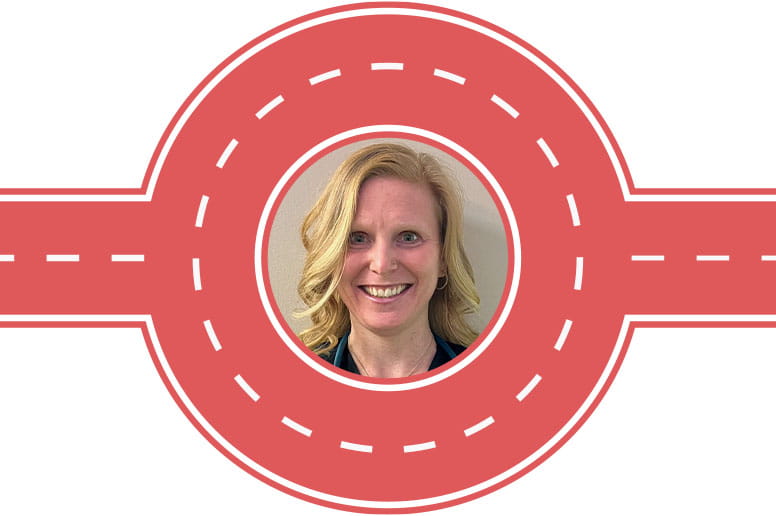 Nurse Jolene Fazio is pictured in a colorful graphic border.