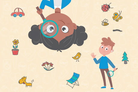 A colorful illustration depicting a scavenger hunt.