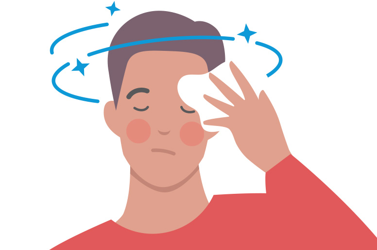 Illustration of a person experiencing dizziness and holding an ice pack to the head, representing symptoms of a medical emergency such as a heart attack or fainting.