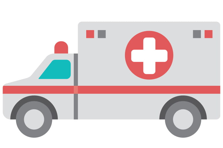 Cartoon ambulance vehicle with medical cross symbol, representing emergency medical services and rapid response care.