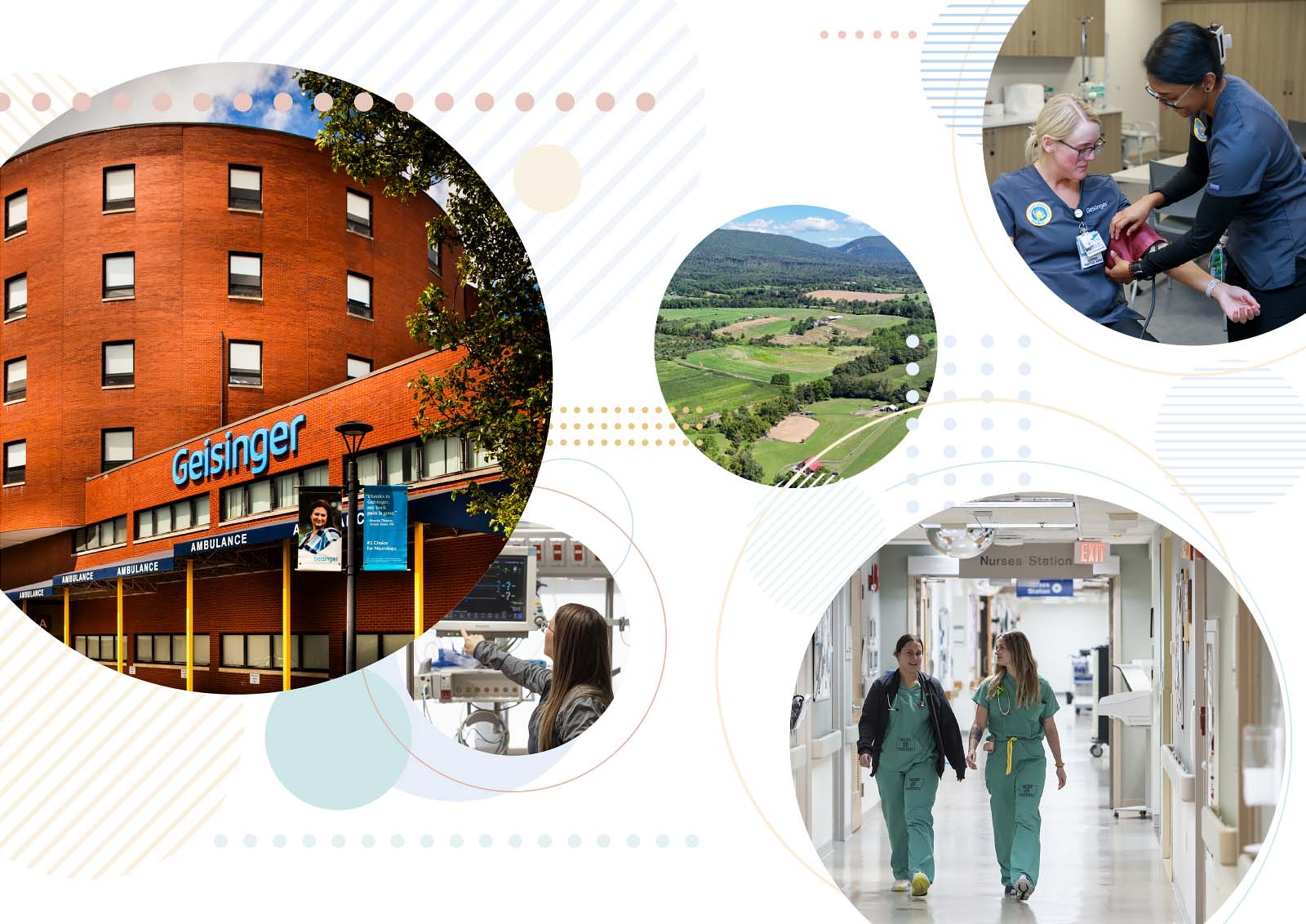 Geisinger healthcare facility collage featuring hospital exterior, nurses providing patient care, and medical staff in clinical settings.